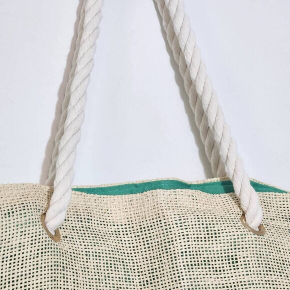Pier27 Oceanholic Cream and Green Beach Bag with Rope Handle Natural Beach Bag - Picture 3 of 7